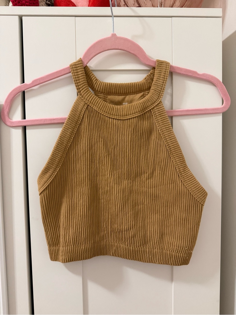 aerie Ribbed Cropped Halter Tank in Camel